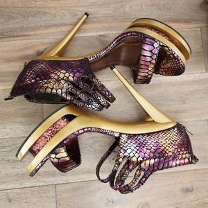 Gold & Purple Metallic Snake Pattern Platform Stiletto Sandal, Size 10